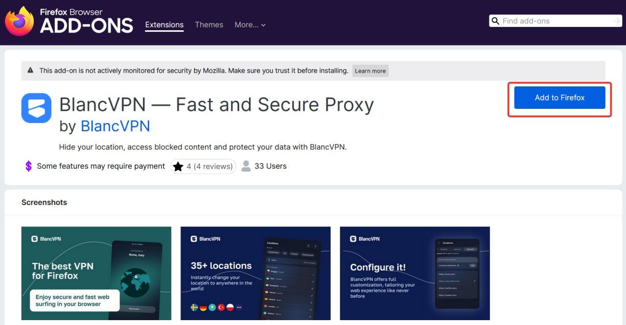 Расширение BlancVPN в каталоге addons.mozilla.org. 