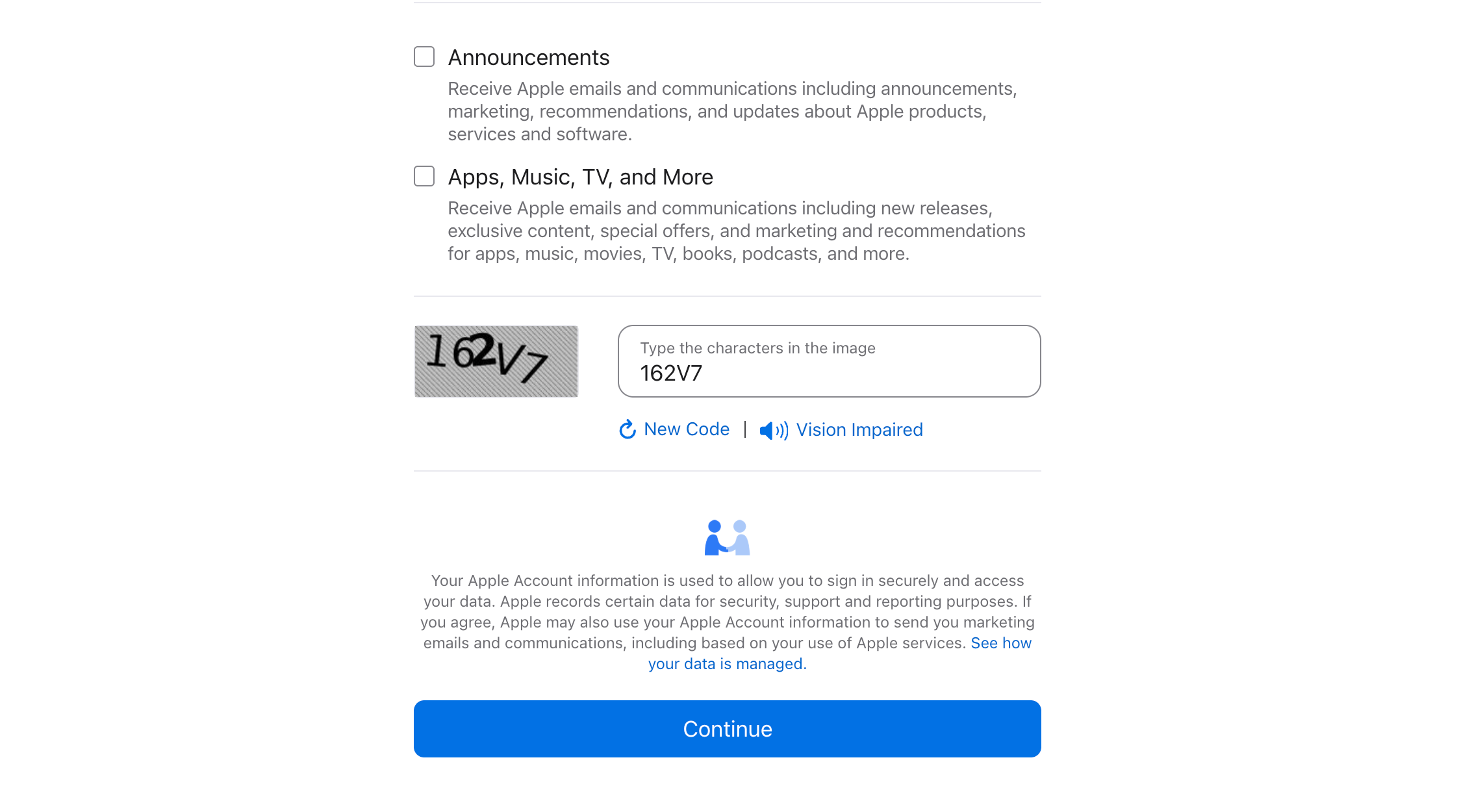 Страница Create your Apple Account: капча