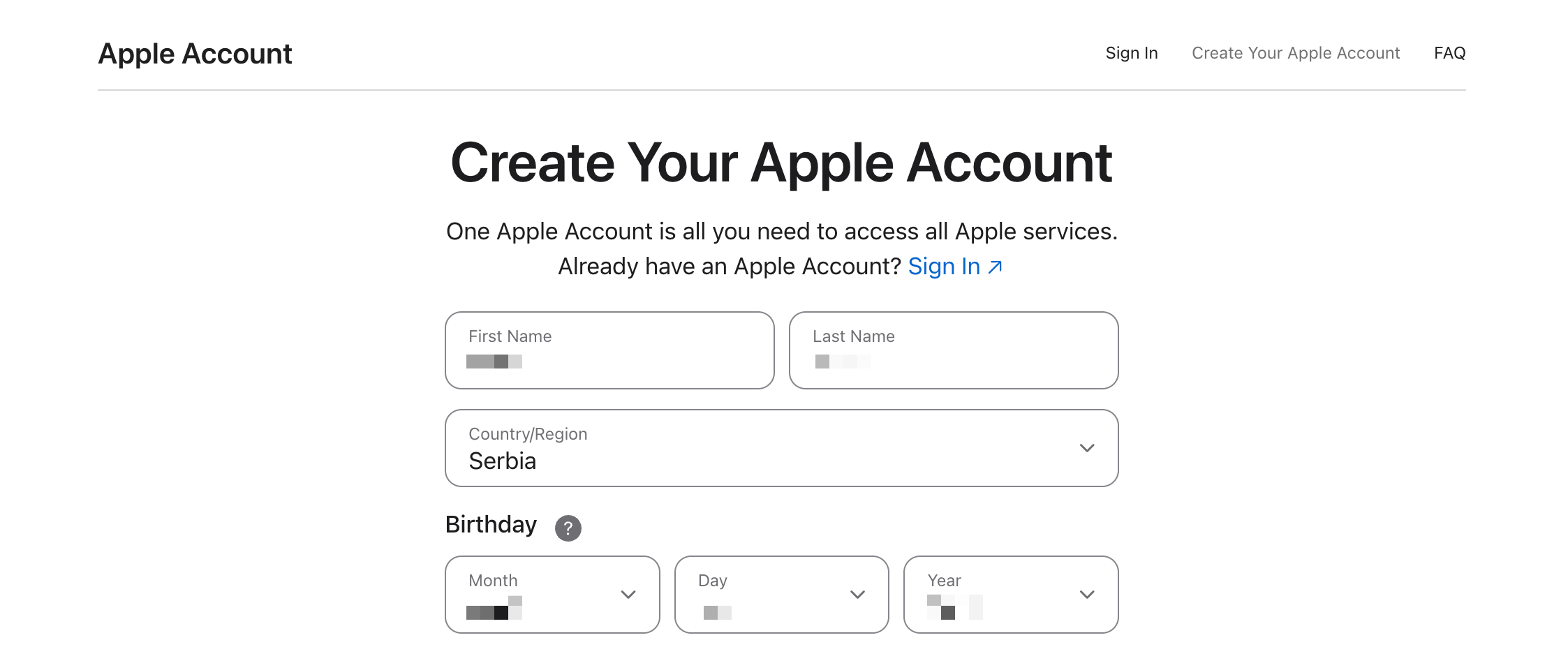 Страница Create your Apple Account: личные данные