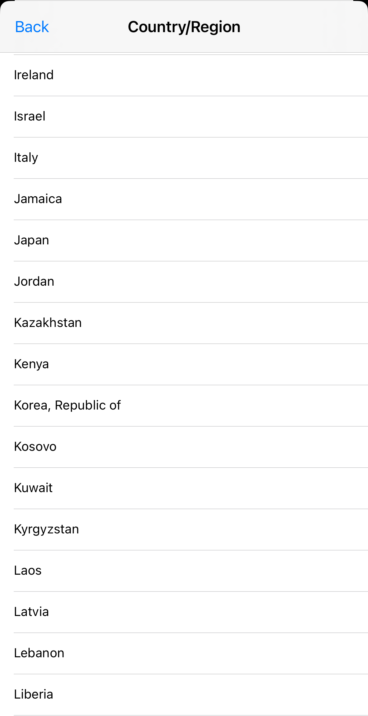 Выбор стран в разделе Country/Region